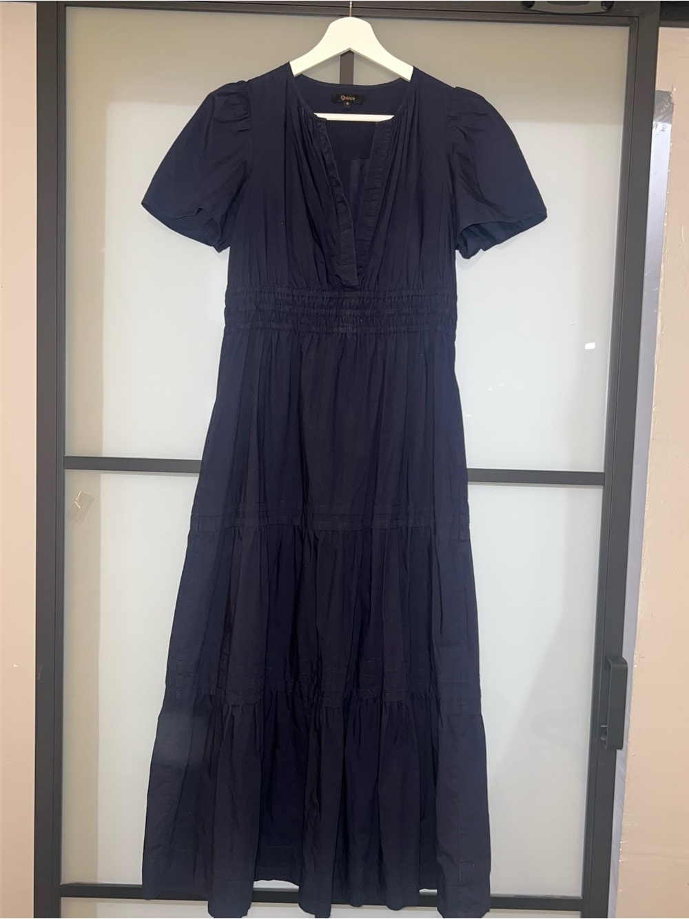 Quince Organic Cotton Poplin Tiered Maxi Dress Navy Blue S